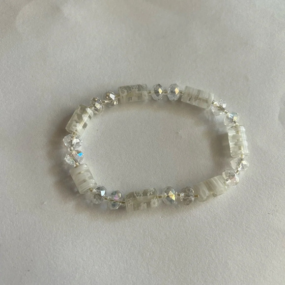 3/$20 Cute White Crystal Beaded Shimmer Thin Elastic Bracelet - Picture 2 of 4